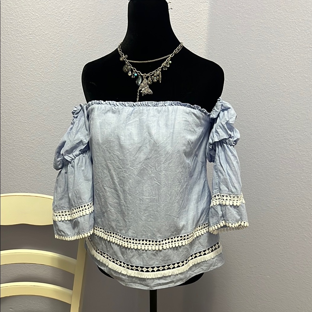 Blue Off-Shoulder Top with Lace Trim